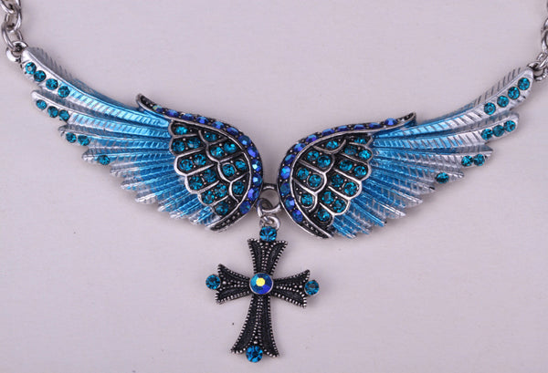 Crystal Angel Wings and Cross Women's Necklace, adjustable and antique silver plated (click on main picture to see a close up view of each one)
Ships  in 2-10 days!