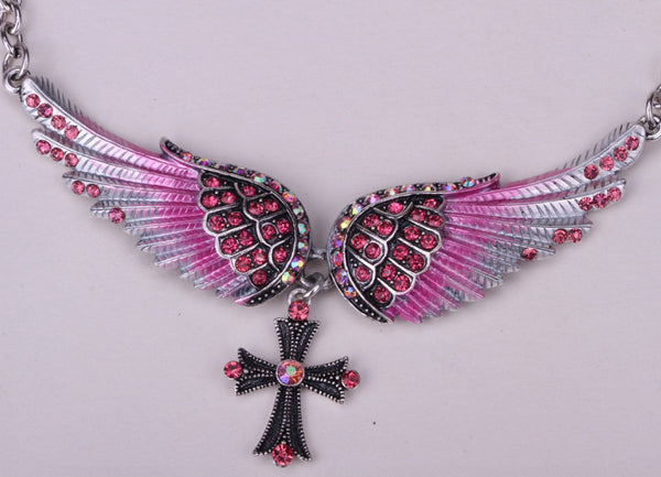 Crystal Angel Wings and Cross Women's Necklace, adjustable and antique silver plated (click on main picture to see a close up view of each one)
Ships  in 2-10 days!