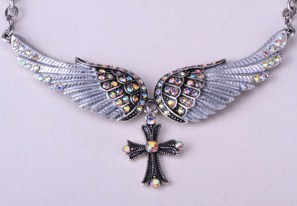 Crystal Angel Wings and Cross Women's Necklace, adjustable and antique silver plated (click on main picture to see a close up view of each one)
Ships  in 2-10 days!
