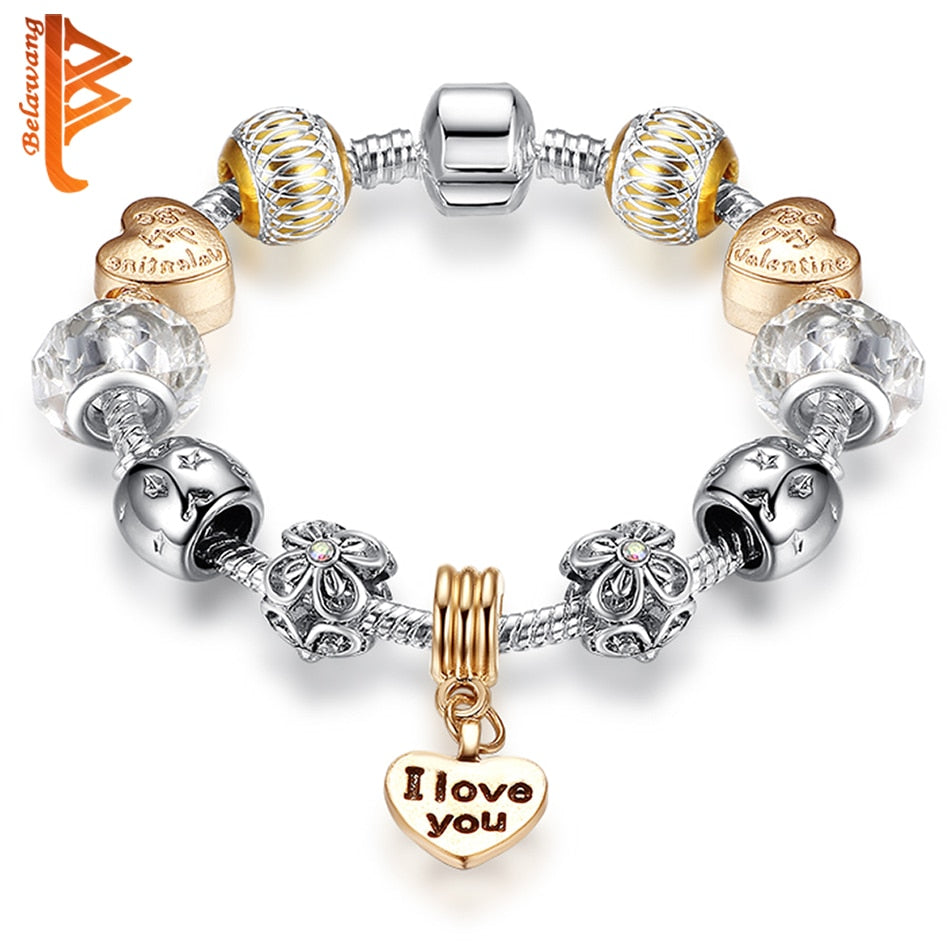 BELAWANG Authentic Heart Pendant Charm Bracelet with Murano Glass Beads Bracelets for Women Christmas Jewelry|Charm Bracelets|