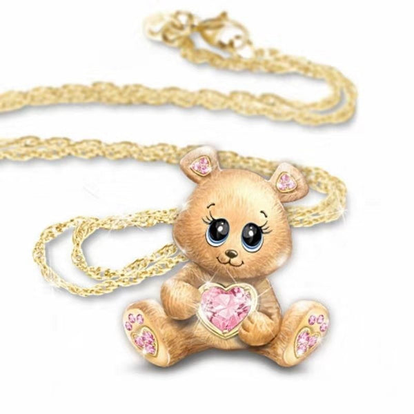 Cute Gold Teddy Bear with Crystal Zirconians Pendant Chain Necklace Jewelry