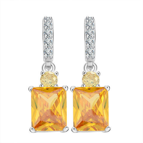 Big Emerald Cut Yellow Zircon Earring on Platinum Plated Beautiful Dangle Earring