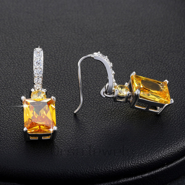 Big Emerald Cut Yellow Zircon Earring on Platinum Plated Beautiful Dangle Earring