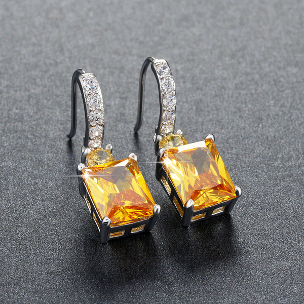 Big Emerald Cut Yellow Zircon Earring on Platinum Plated Beautiful Dangle Earring