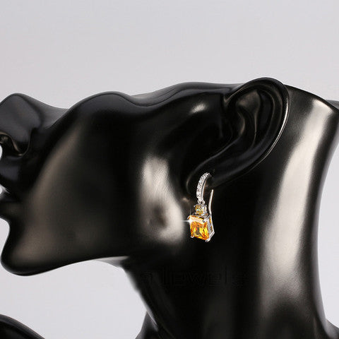 Big Emerald Cut Yellow Zircon Earring on Platinum Plated Beautiful Dangle Earring