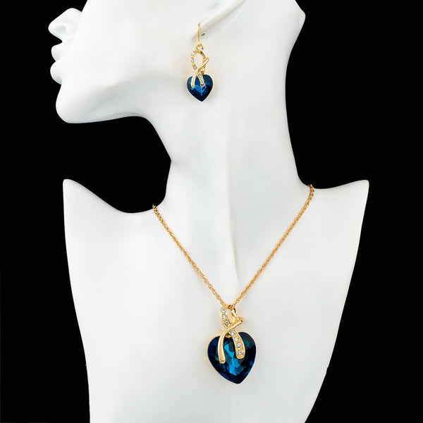 Crystal Heart Necklace & Earrings Jewelry Set Gold Plated