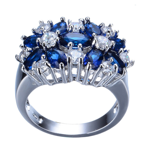Blue Sapphire Zircon Finger Ring White Gold Filled Ring