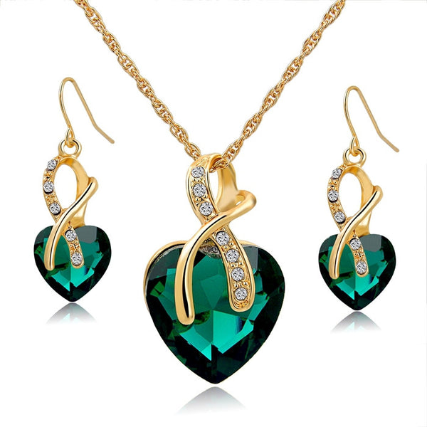 Crystal Heart Necklace & Earrings Jewelry Set Gold Plated