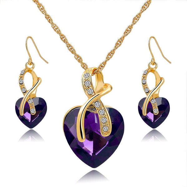 Crystal Heart Necklace & Earrings Jewelry Set Gold Plated