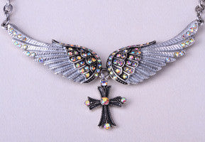 Crystal Angel Wings and Cross Women's Necklace, adjustable and antique silver plated (click on main picture to see a close up view of each one)
Ships  in 2-10 days!