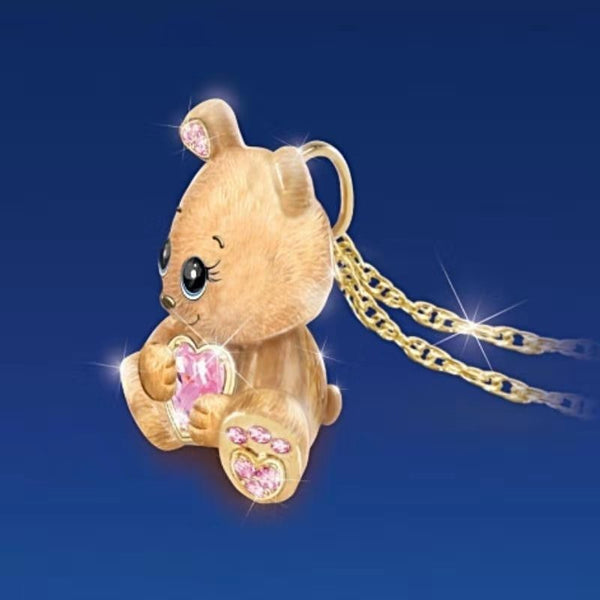 Cute Gold Teddy Bear with Crystal Zirconians Pendant Chain Necklace Jewelry