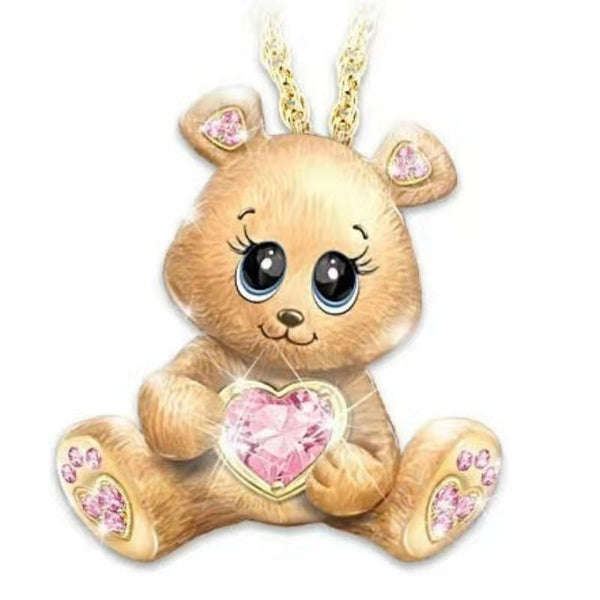 Cute Gold Teddy Bear with Crystal Zirconians Pendant Chain Necklace Jewelry