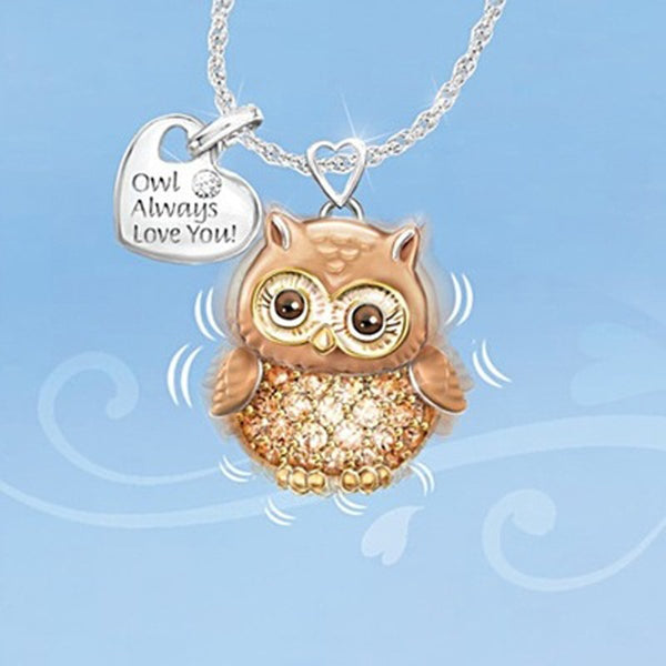 Berbeny Lovely Brown Owl Necklace Dripping Oil Crystal Rhinestone Heart Shaped Lettering Pendant Jewelry
