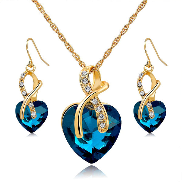 Crystal Heart Necklace & Earrings Jewelry Set Gold Plated