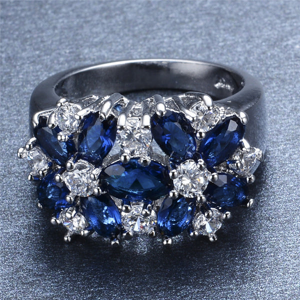 Size 6-10 Blue Sapphire Zircon White Gold Filled Ring