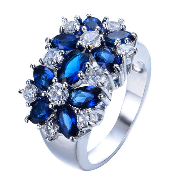 Size 6-10 Blue Sapphire Zircon White Gold Filled Ring