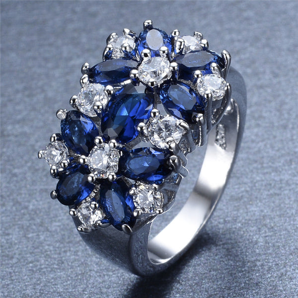 Blue Sapphire Zircon Finger Ring White Gold Filled Ring