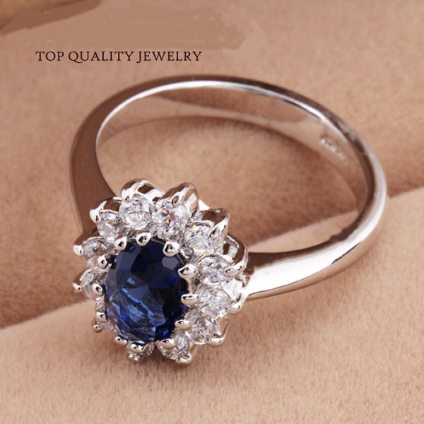 Top Quality Princess Kate Blue Gem Sapphire 18K White Gold Plated Crystal Ring (red also available)