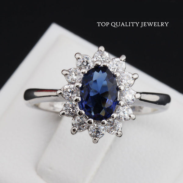 Top Quality Princess Kate Blue Gem Sapphire 18K White Gold Plated Crystal Ring (red also available)