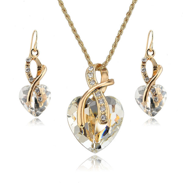Crystal Heart Necklace & Earrings Jewelry Set Gold Plated