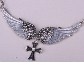 Crystal Angel Wings and Cross Women's Necklace, adjustable and antique silver plated (click on main picture to see a close up view of each one)
Ships  in 2-10 days!